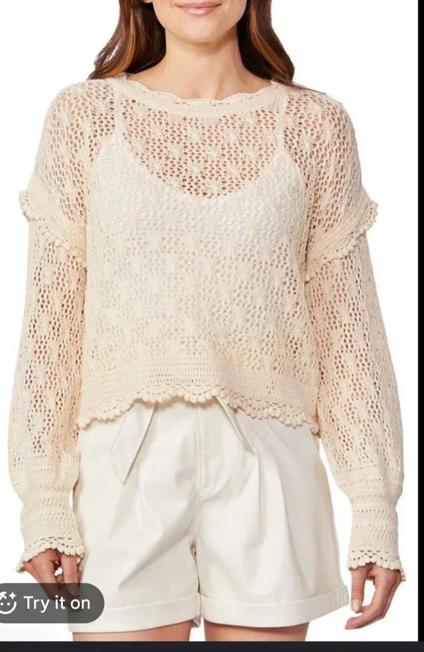 Paige Kassandra crotchet trim open stitch boho knit sweater TopXL